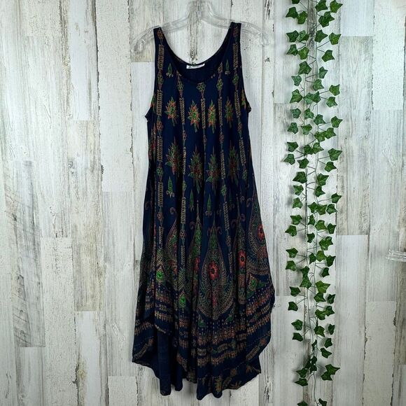 Lapogee India 100% Rayon Blue Orange Floral Long Tank Maxi Tunic Dress medium - Picture 1 of 9